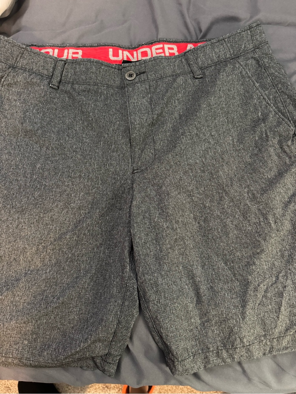 Under Armour Gray Flat Front Shorts with Red Accent Waistband